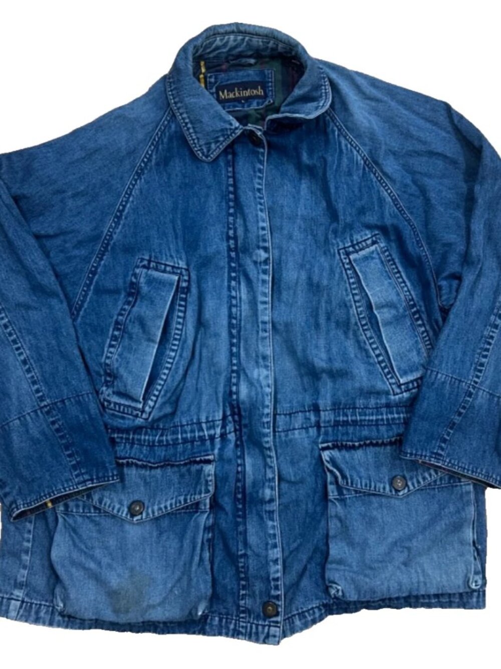 VTG Mackintosh Barn Coat Chore Coat Sz Small Denim Plaid Lined 90s Relaxed Warm